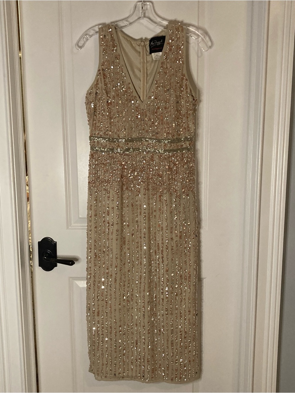 Mac Duggal Rose Gold Beaded V-Neck Evening Dress